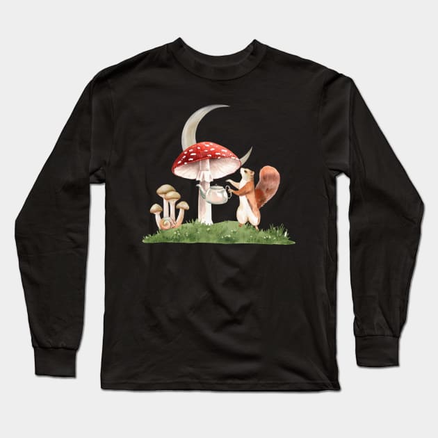 Cottagecore Surrealistic Squirrel Watering Mushroom Long Sleeve T-Shirt by Souls.Print